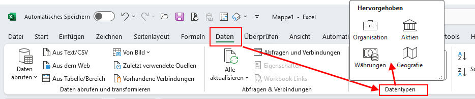 Menü 'Daten => Datentypen'